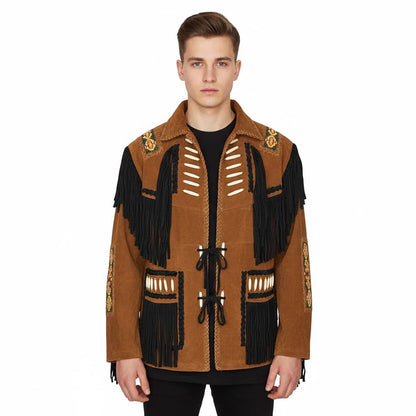 Brown Western Suede Leather Fringe Beaded Cowboy Jacket NLS-137