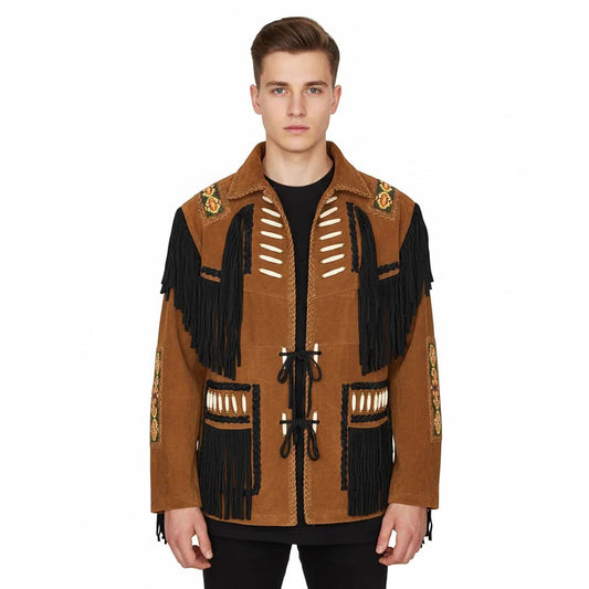 Brown Western Suede Leather Fringe Beaded Cowboy Jacket NLS-137