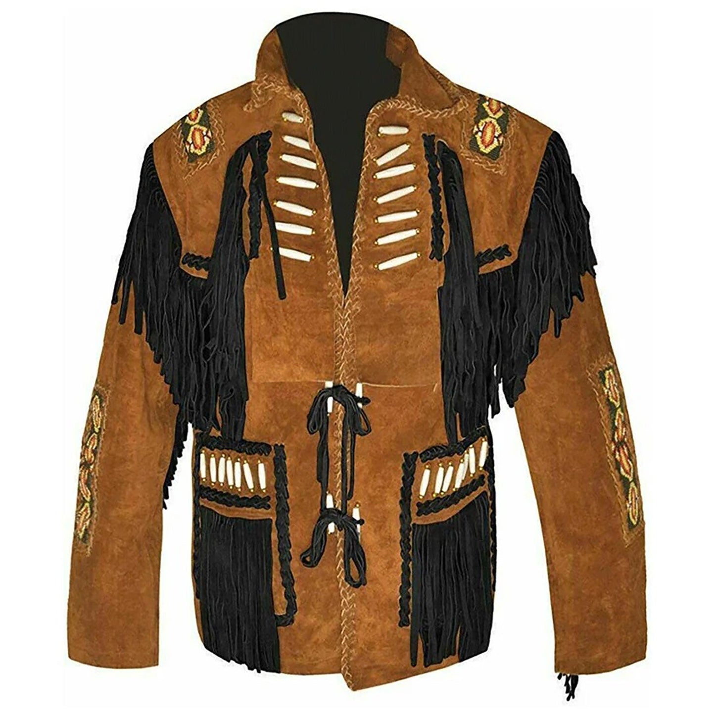 Brown Western Suede Leather Fringe Beaded Cowboy Jacket NLS-137