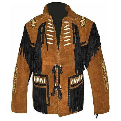 Brown Western Suede Leather Fringe Beaded Cowboy Jacket NLS-137