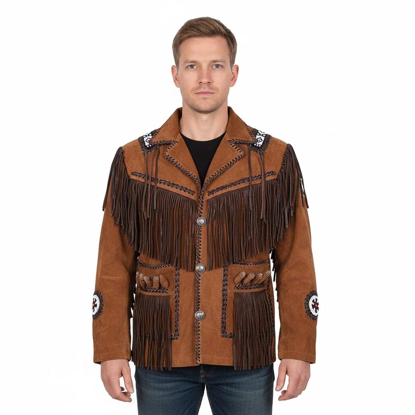 Brown Western Suede Leather Fringe Beaded Cowboy Jacket NLS-138