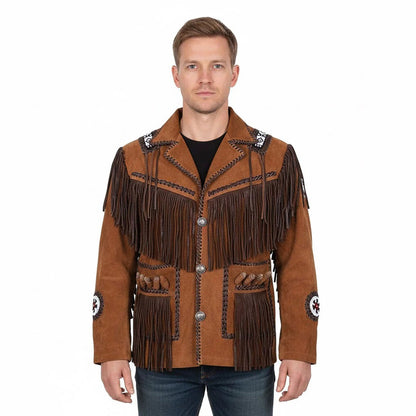 Brown Western Suede Leather Fringe Beaded Cowboy Jacket NLS-138