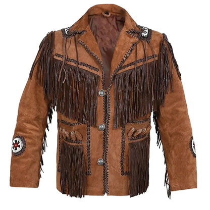 Brown Western Suede Leather Fringe Beaded Cowboy Jacket NLS-138