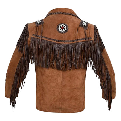 Brown Western Suede Leather Fringe Beaded Cowboy Jacket NLS-138