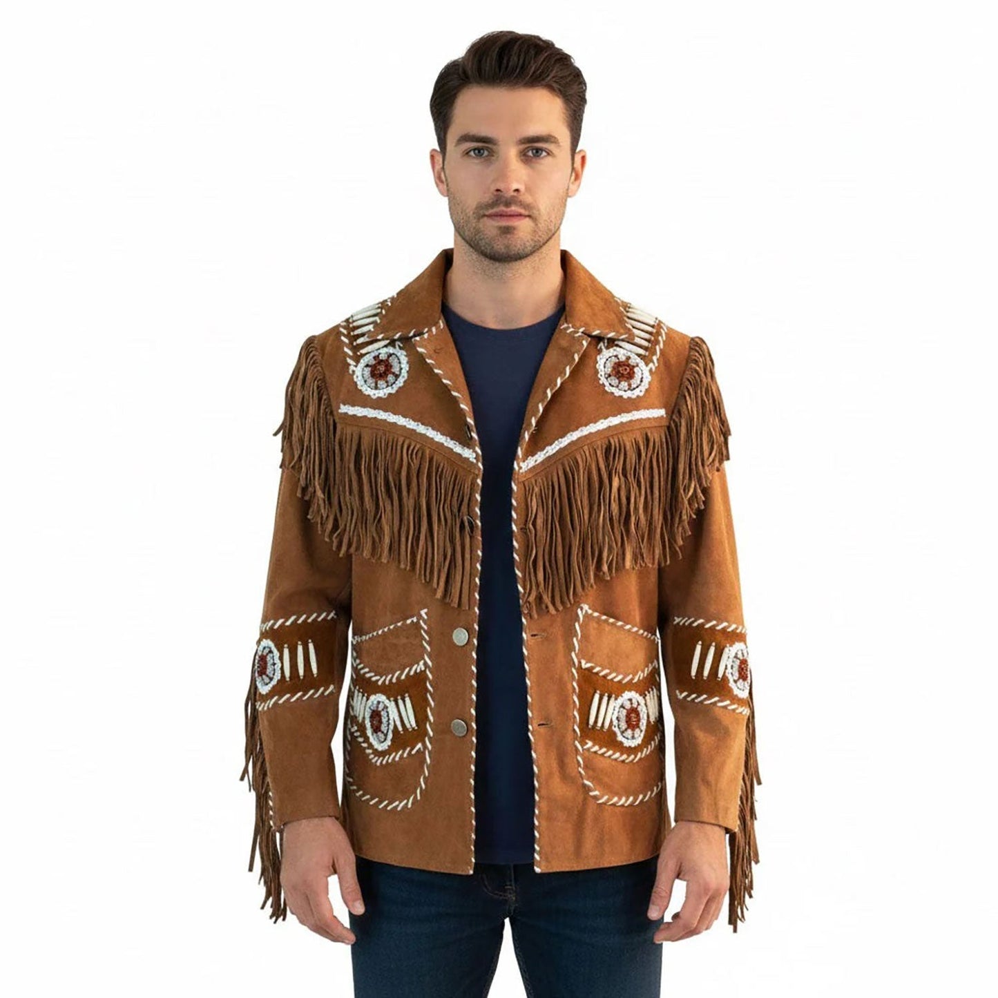 Brown Western Suede Leather Fringe Beaded Cowboy Jacket NLS-144