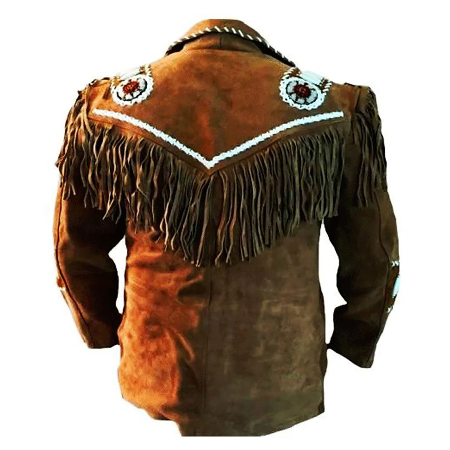 Brown Western Suede Leather Fringe Beaded Cowboy Jacket NLS-144
