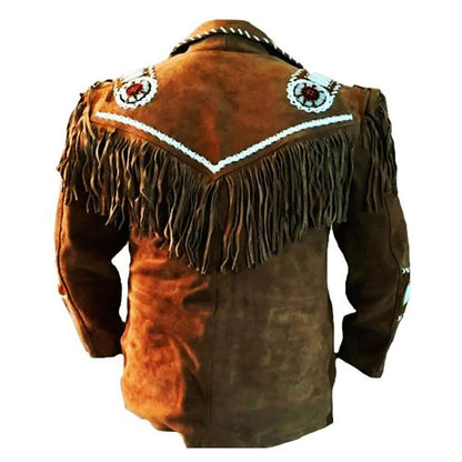Brown Western Suede Leather Fringe Beaded Cowboy Jacket NLS-144