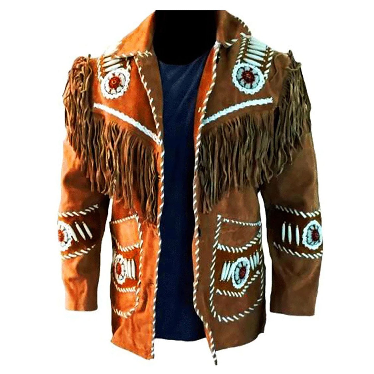 Brown Western Suede Leather Fringe Beaded Cowboy Jacket NLS-144