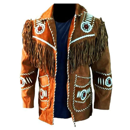 Brown Western Suede Leather Fringe Beaded Cowboy Jacket NLS-144