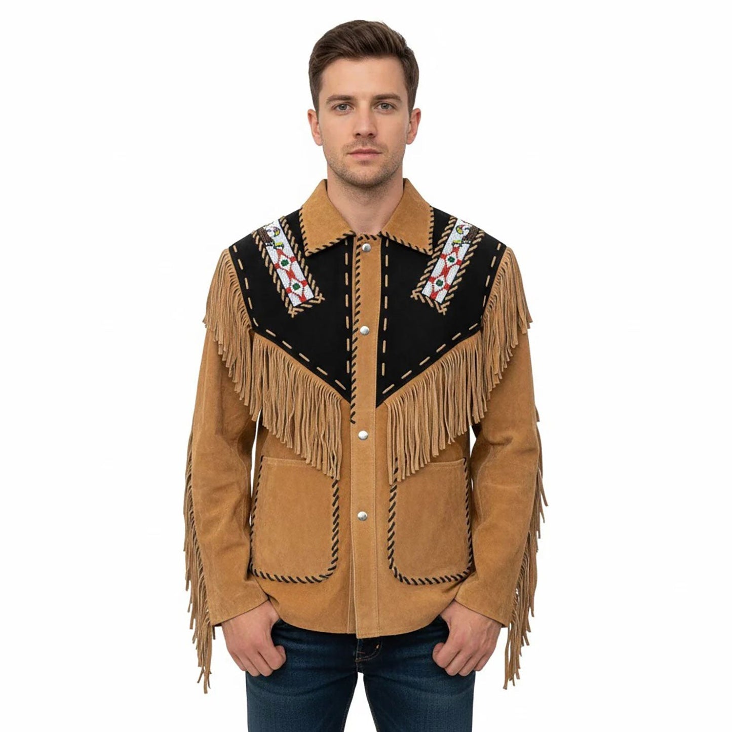 Brown Western Suede Leather Fringe Beaded Cowboy Jacket NLS-147