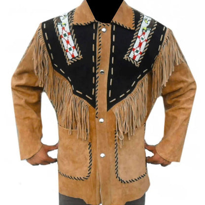Brown Western Suede Leather Fringe Beaded Cowboy Jacket NLS-147