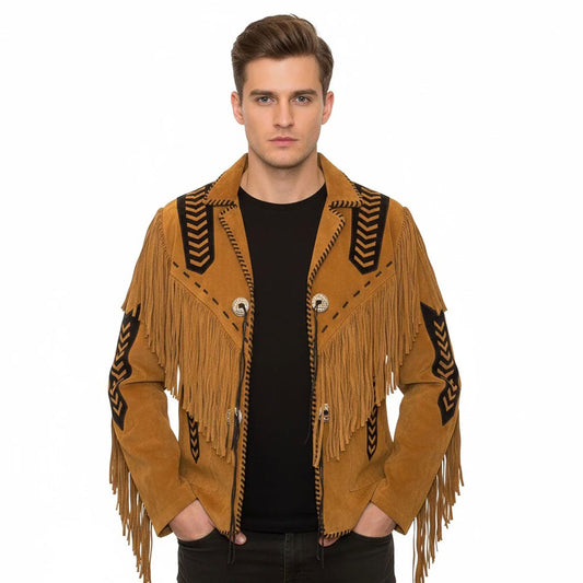 Brown Western Suede Leather Fringe Beaded Cowboy Jacket NLS-149