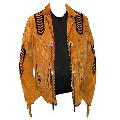 Brown Western Suede Leather Fringe Beaded Cowboy Jacket NLS-149