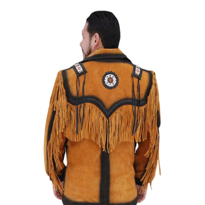 Brown Western Suede Leather Fringe Beaded Cowboy Jacket NLS-150