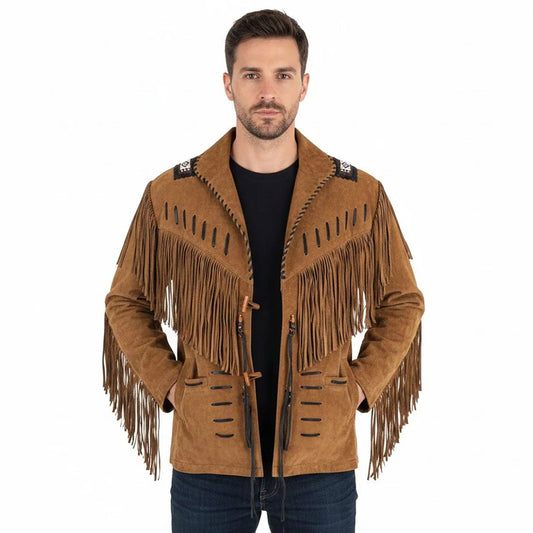 Man wearing a brown suede jacket with fringes - Native Leather Shop