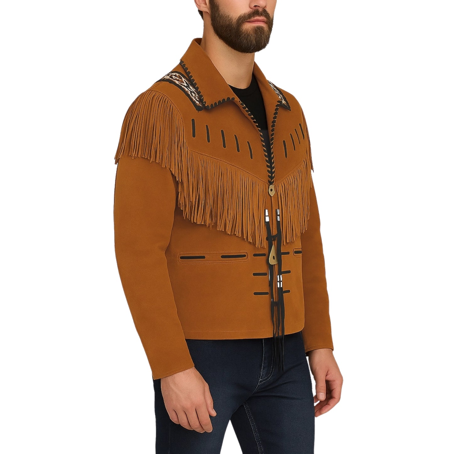 Brown Western Suede Leather Fringe Beaded Cowboy Jacket NLS-152