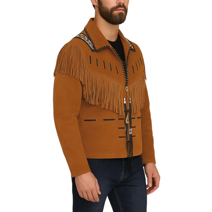 Brown Western Suede Leather Fringe Beaded Cowboy Jacket NLS-152