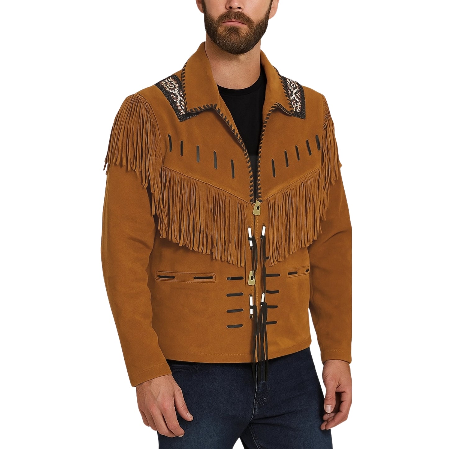Brown Western Suede Leather Fringe Beaded Cowboy Jacket NLS-152