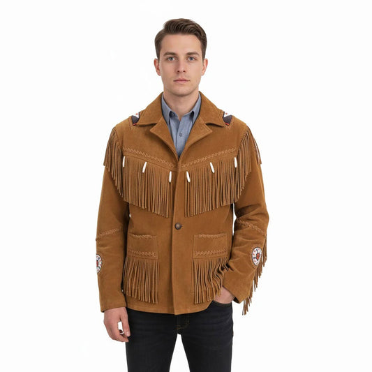 Brown Western Suede Leather Fringe Beaded Cowboy Jacket NLS-153