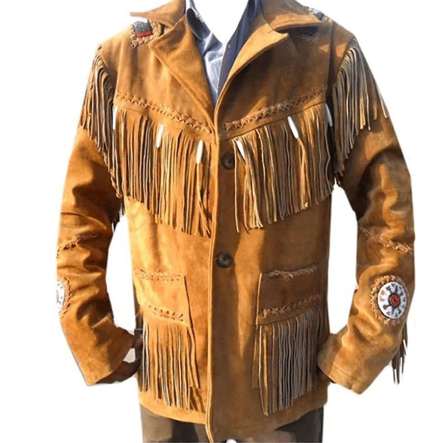Brown Western Suede Leather Fringe Beaded Cowboy Jacket NLS-153