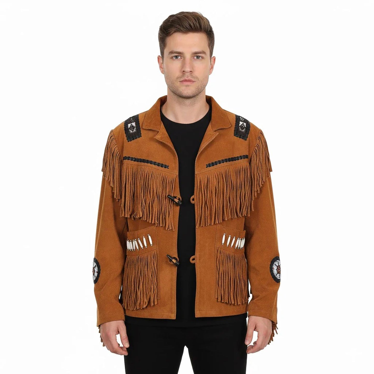Brown Western Suede Leather Fringe Beaded Cowboy Jacket NLS-154
