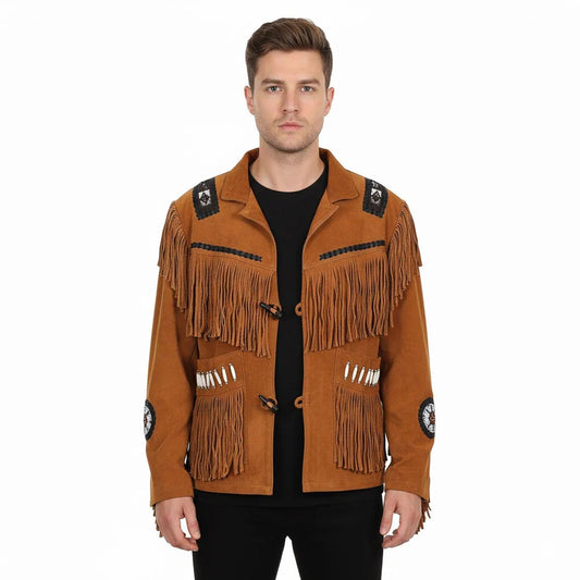 Brown Western Suede Leather Fringe Beaded Cowboy Jacket NLS-154