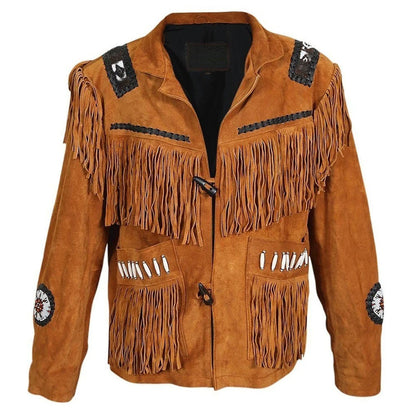 Brown Western Suede Leather Fringe Beaded Cowboy Jacket NLS-154