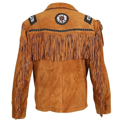Brown Western Suede Leather Fringe Beaded Cowboy Jacket NLS-154