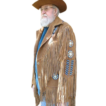 Brown Western Suede Leather Fringe Beaded Cowboy Jacket NLS-155