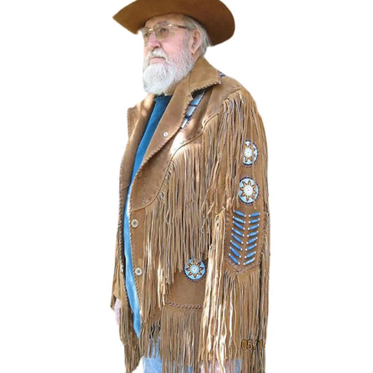 Brown Western Suede Leather Fringe Beaded Cowboy Jacket NLS-155