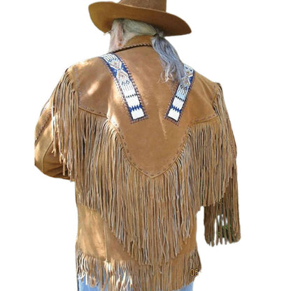 Brown Western Suede Leather Fringe Beaded Cowboy Jacket NLS-155
