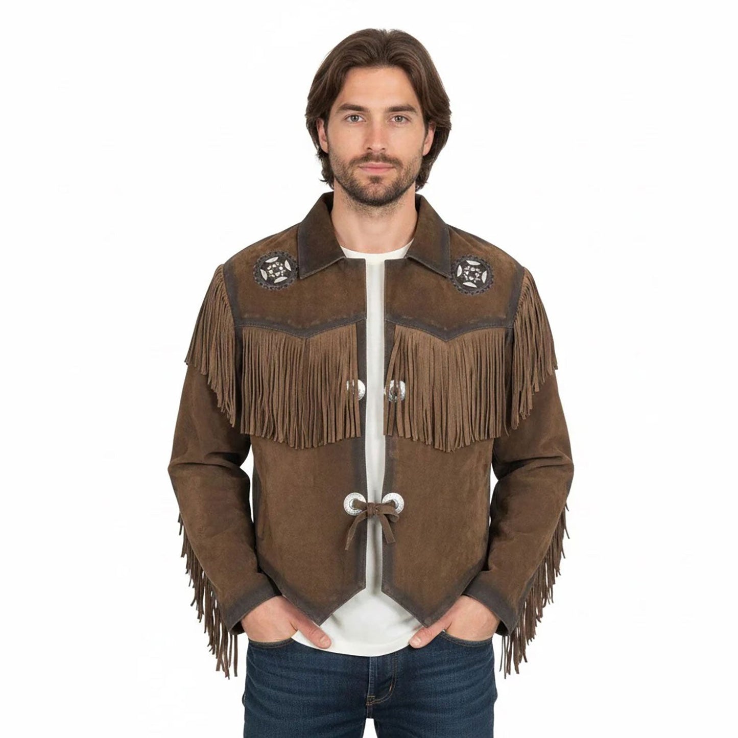 Man wearing a brown fringed jacket - Native Leather Shop