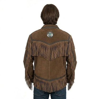 Brown Western Suede Leather Fringe Beaded Cowboy Jacket NLS-156