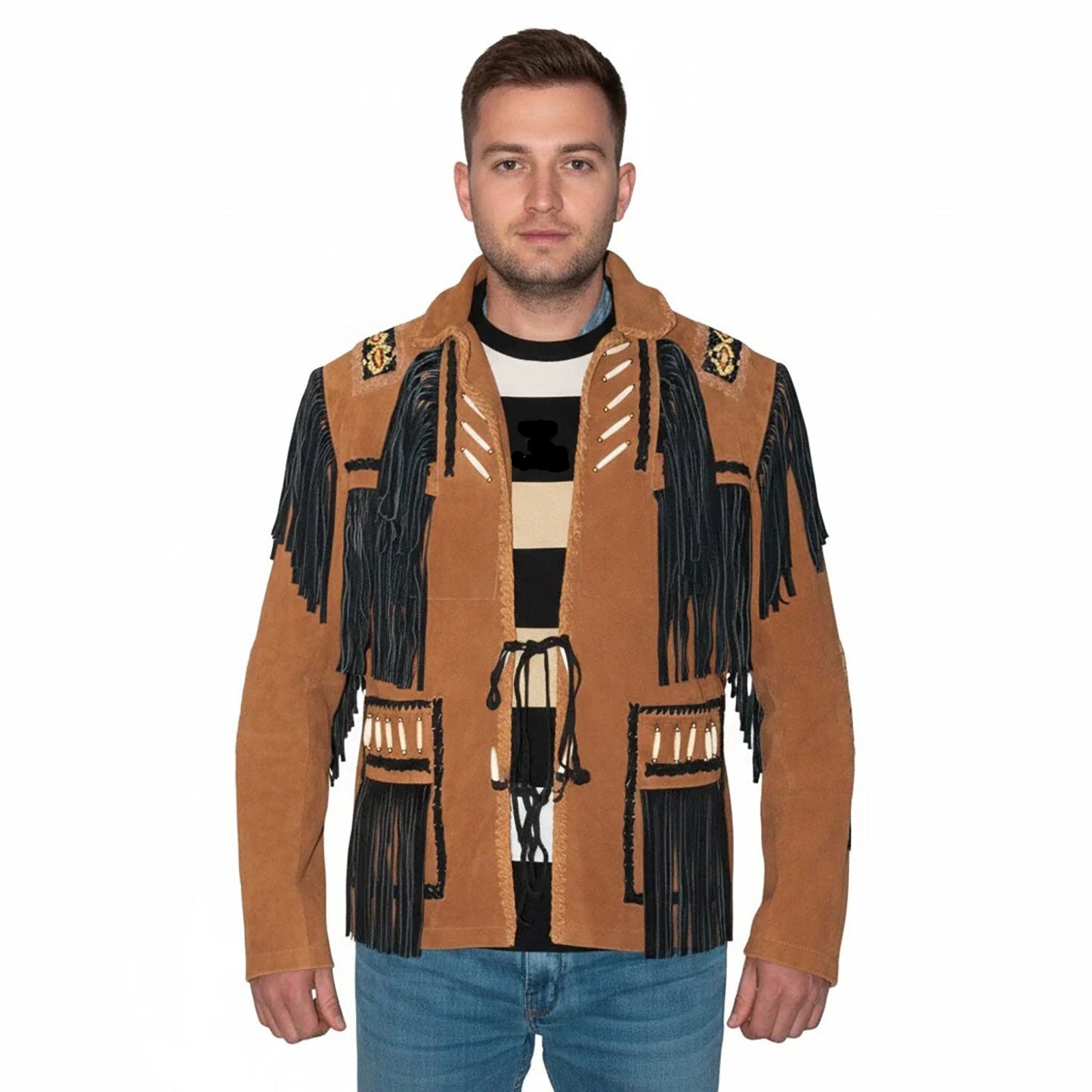 Brown Western Suede Leather Fringe Beaded Cowboy Jacket NLS-157