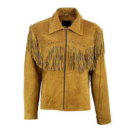 Brown Western Suede Leather Fringe Beaded Cowboy Jacket NLS-158