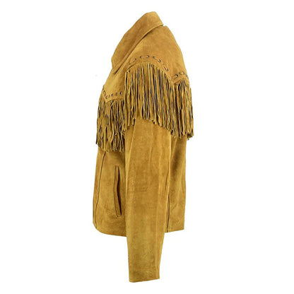 Brown Western Suede Leather Fringe Beaded Cowboy Jacket NLS-158