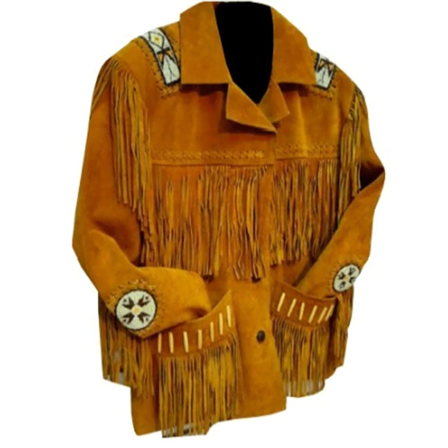 Brown fringed jacket with decorative buttons, Native Leather Shop