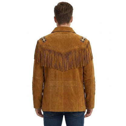 Brown Western Suede Leather Fringe Beaded Cowboy Jacket NLS-159