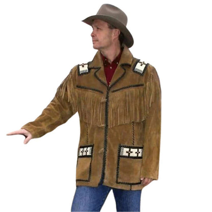 Man wearing a brown fringed jacket with decorative patches on a white background - Native Leather Shop