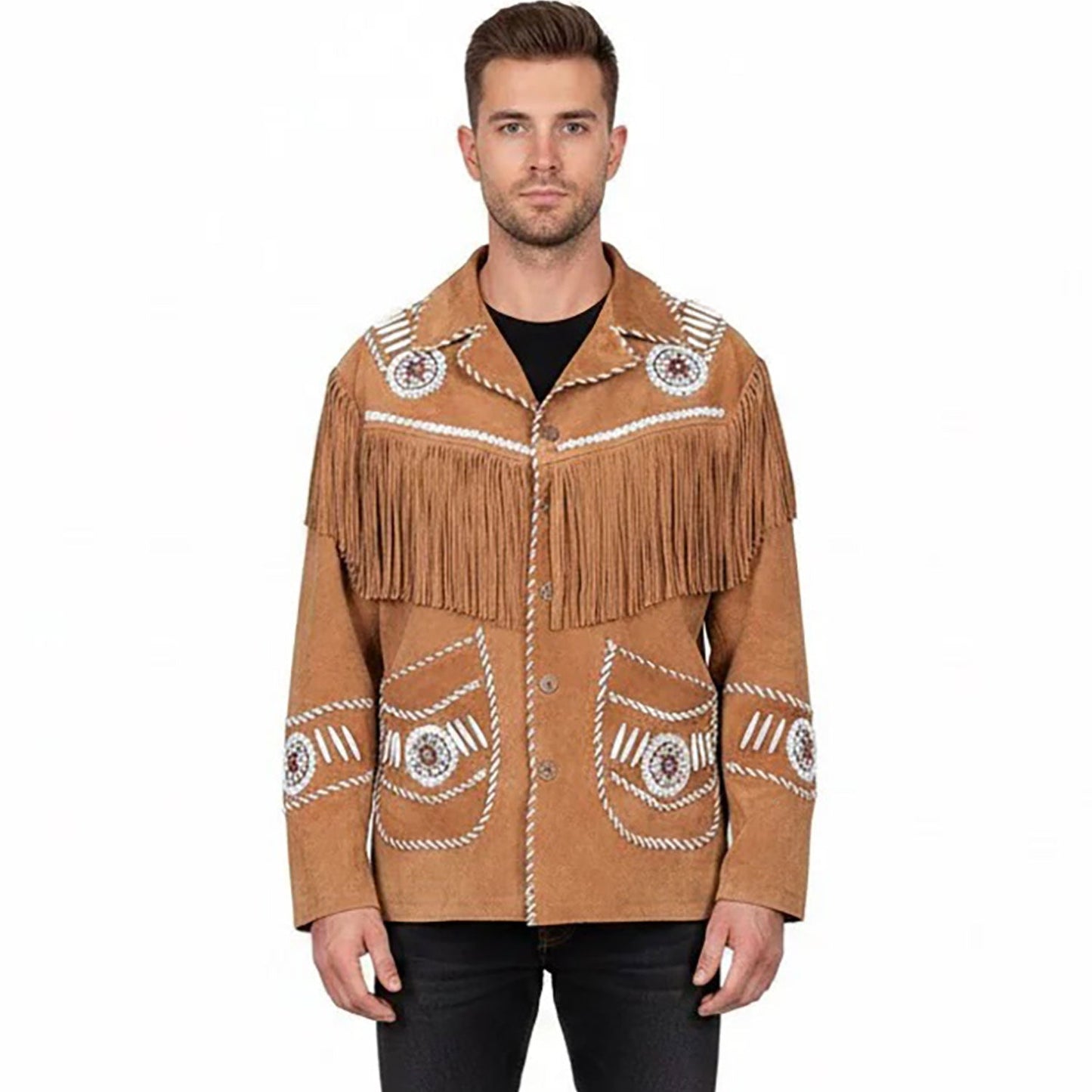 Brown Western Suede Leather Fringe Beaded Cowboy Jacket NLS-161