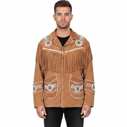 Brown Western Suede Leather Fringe Beaded Cowboy Jacket NLS-161