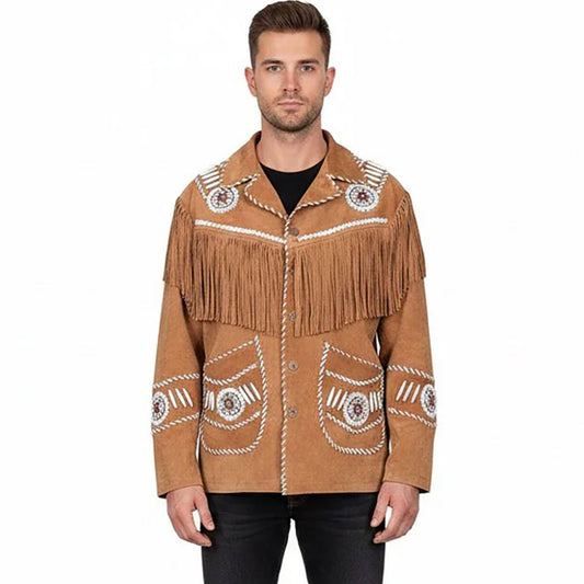 Brown Western Suede Leather Fringe Beaded Cowboy Jacket NLS-161