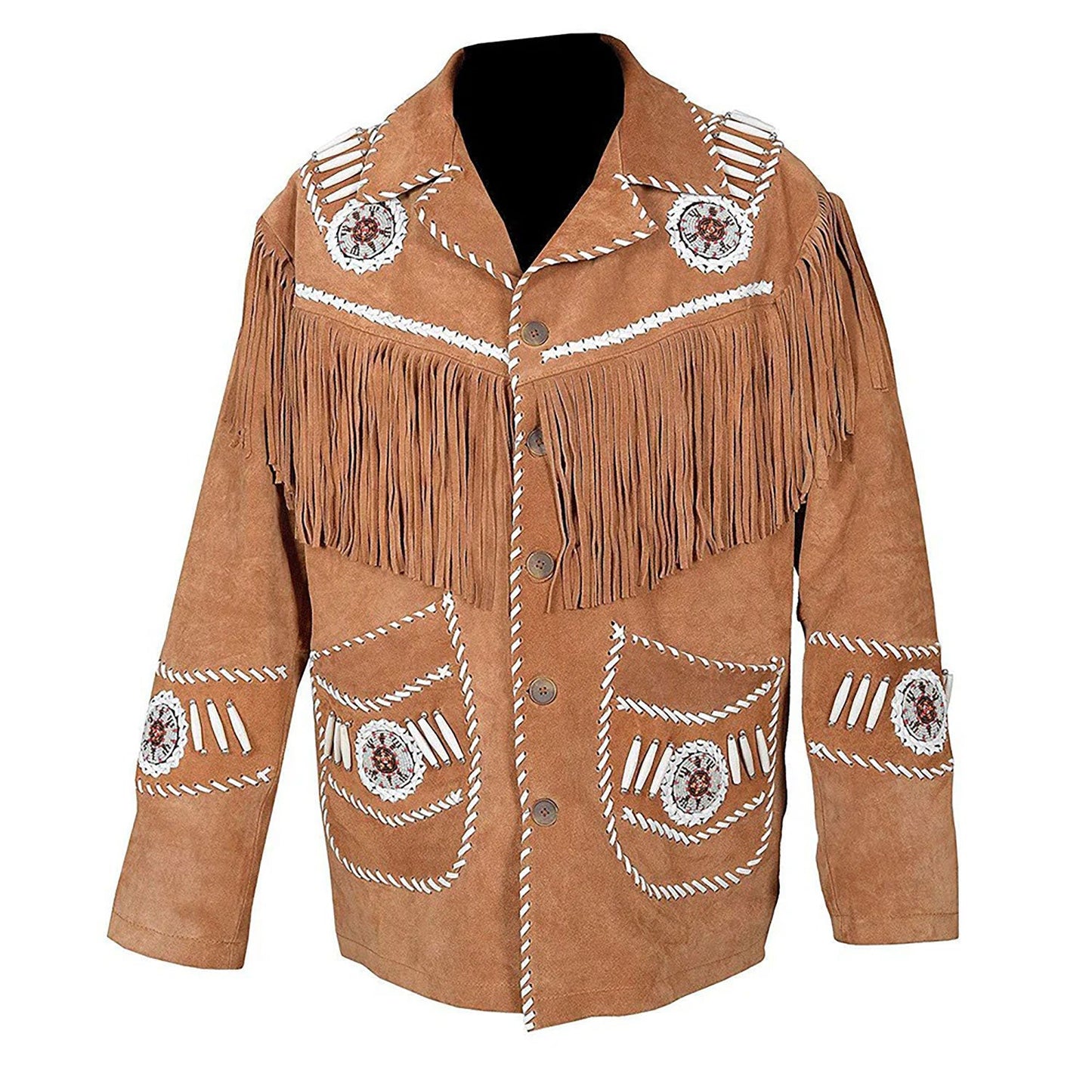 Brown Western Suede Leather Fringe Beaded Cowboy Jacket NLS-161