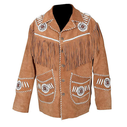 Brown Western Suede Leather Fringe Beaded Cowboy Jacket NLS-161