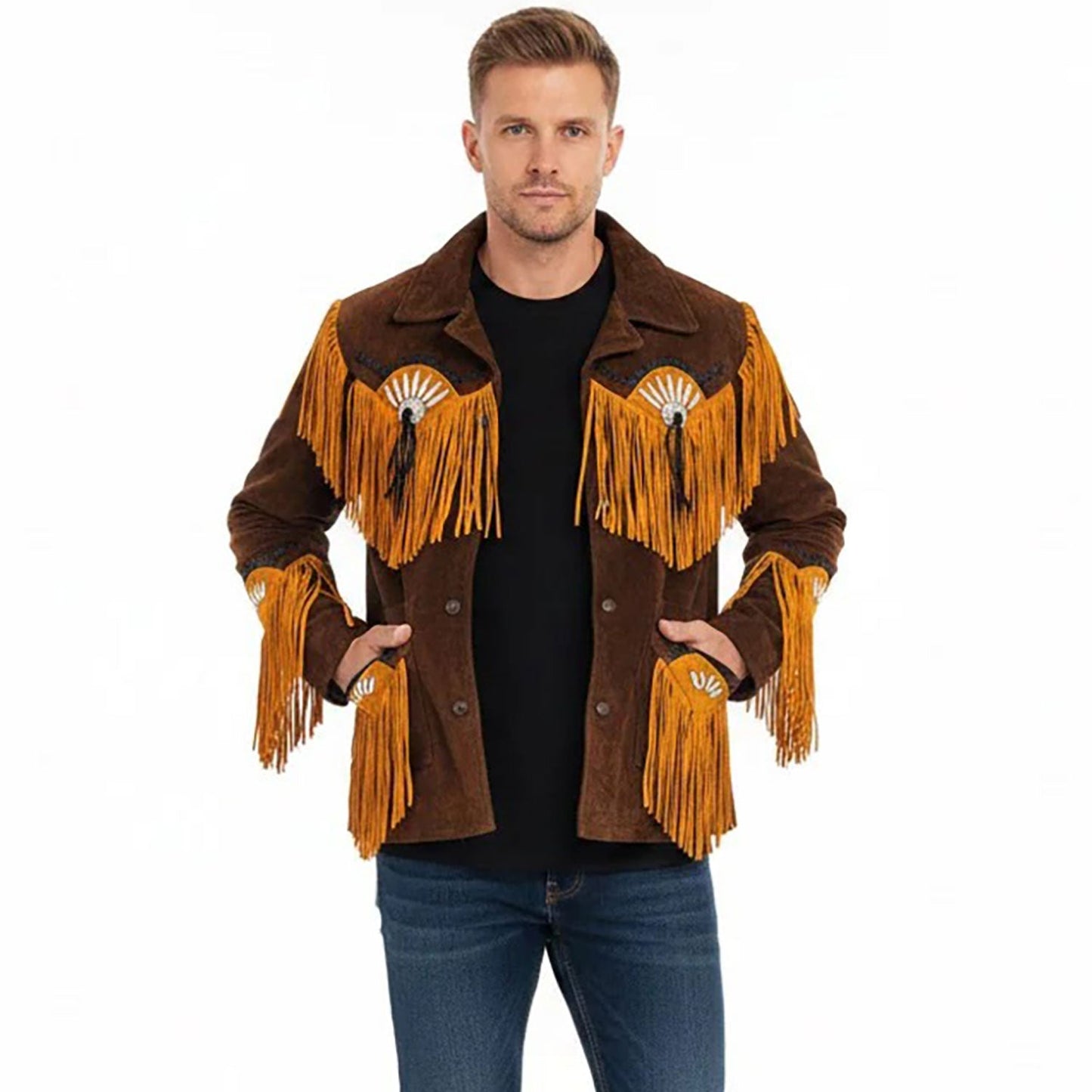Brown Western Suede Leather Fringe Beaded Cowboy Jacket NLS-162