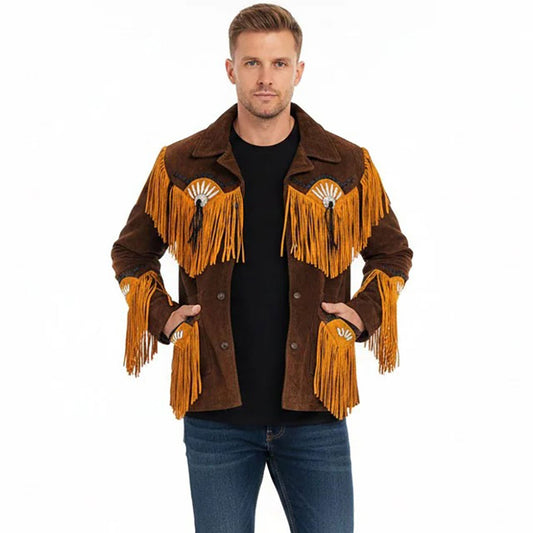 Brown Western Suede Leather Fringe Beaded Cowboy Jacket NLS-162