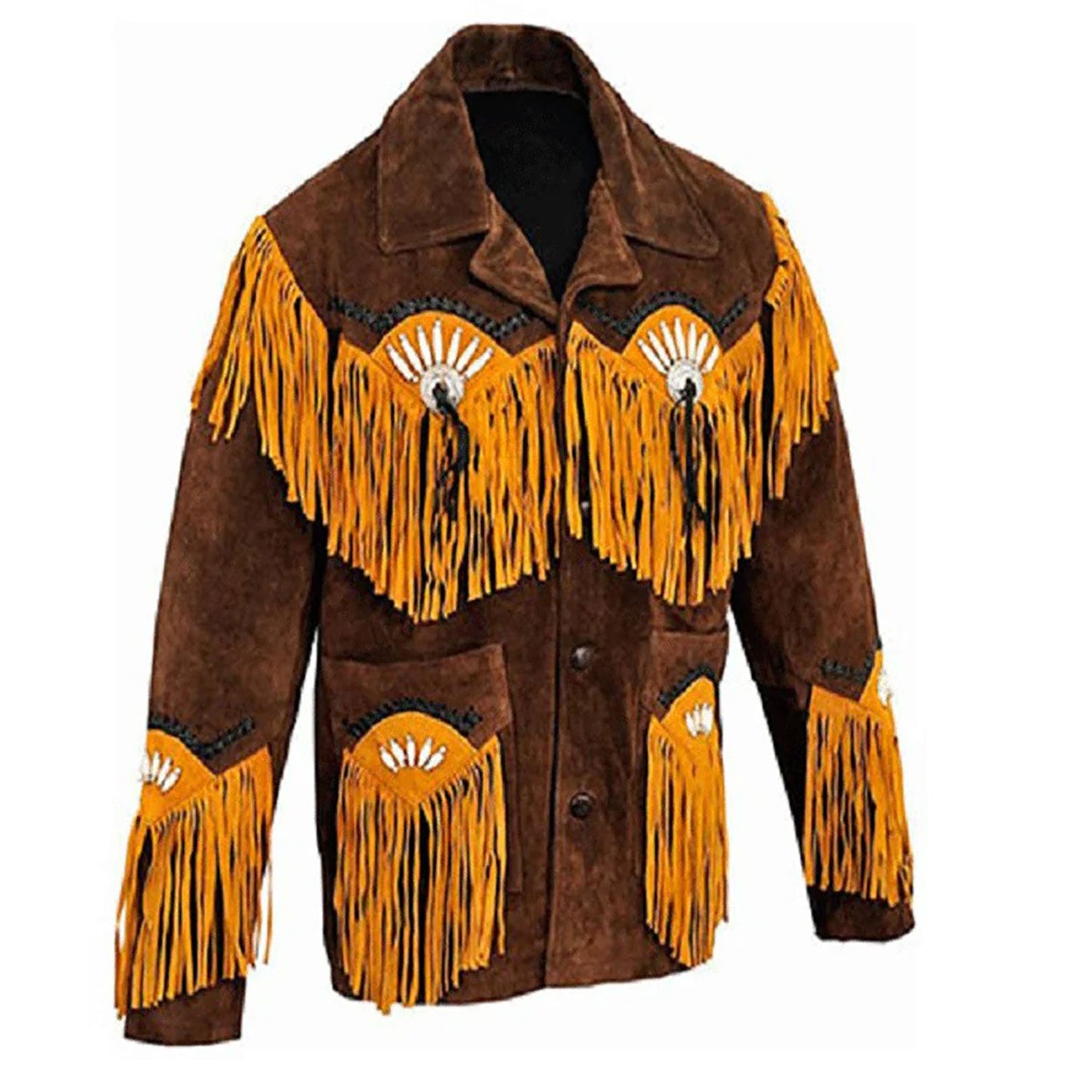 Brown Western Suede Leather Fringe Beaded Cowboy Jacket NLS-162