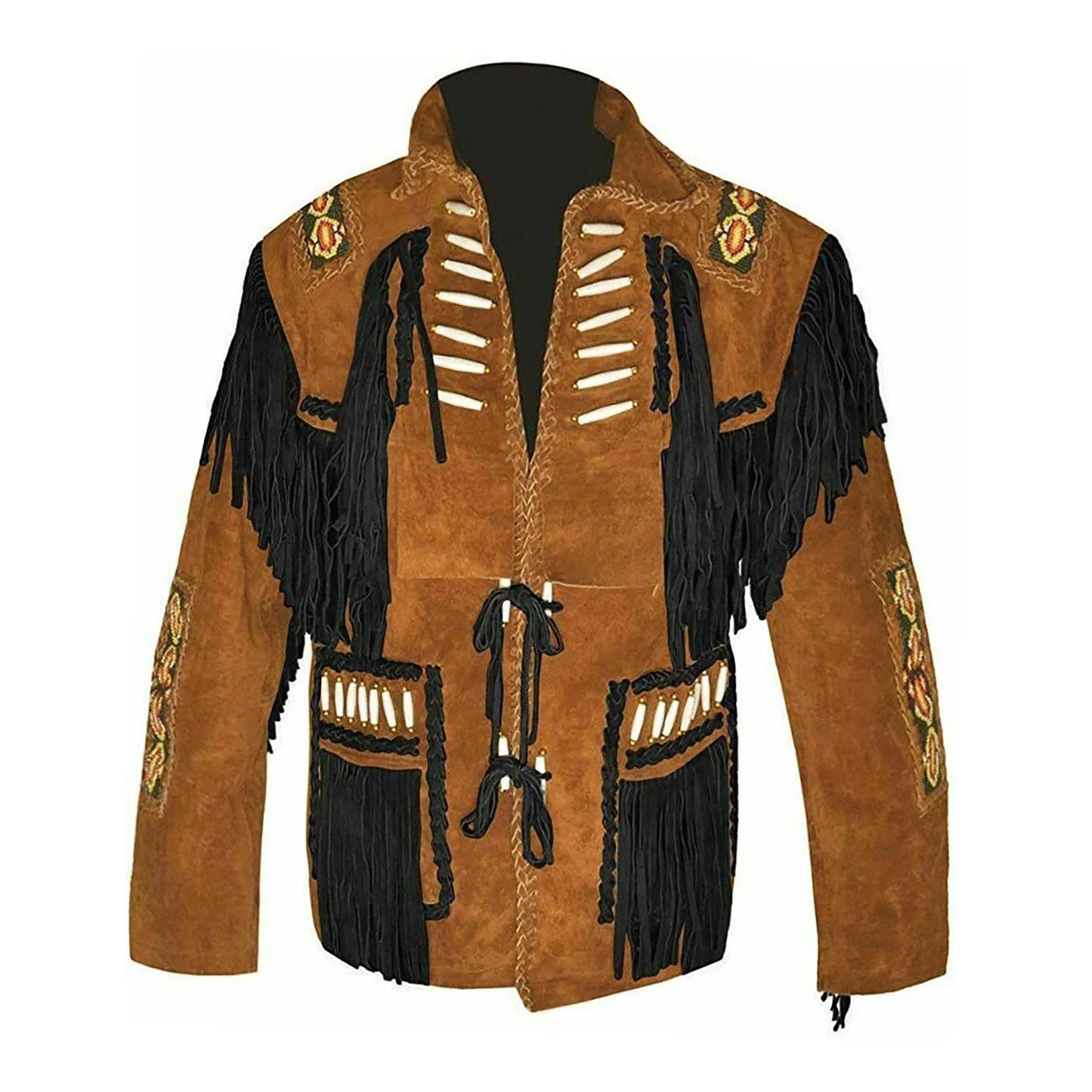 Brown Western Suede Leather Fringe Beaded Cowboy Jacket NLS-163