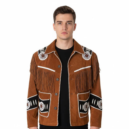 Brown Western Suede Leather Fringe Beaded Cowboy Jacket NLS-166