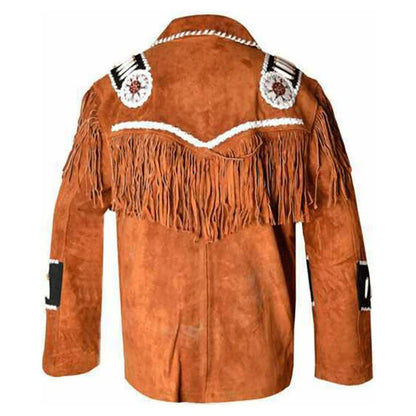 Brown Western Suede Leather Fringe Beaded Cowboy Jacket NLS-166
